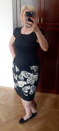 Solar czarna sukienka w białe motyle biurowa midi rozmiar 40