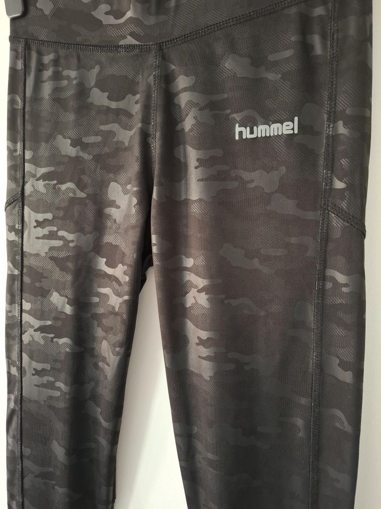 Leginsy legginsy damskie czarne moro push-up sportowe odblaski Hummel