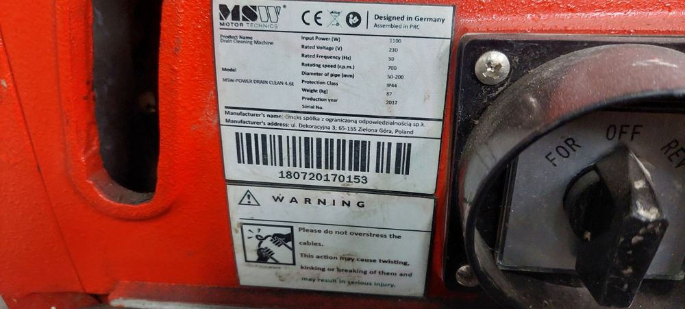 Elektryczna spirala kanalizacyjna MSW Power Drain Clean do rur 50-200.