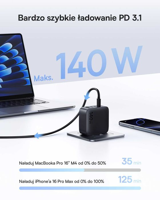 140W! SZYBKA ładowarka Baseus Enerfill 3xUSB C + USB A, PD Z PPS, GaN6