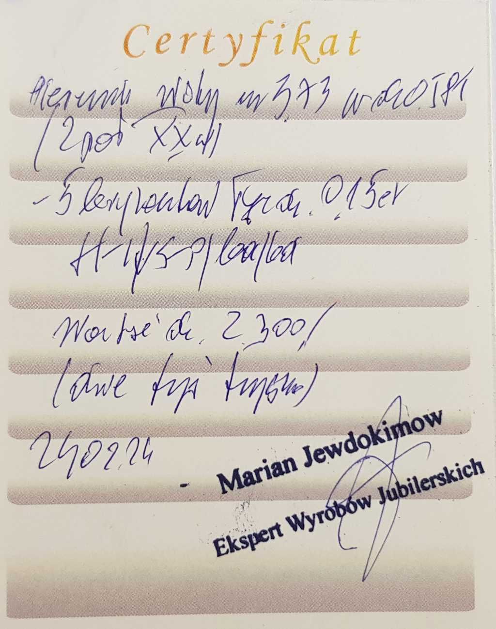 Złoty pierścionek próby 585, zdobiony 5 brylantami 0,15 ct