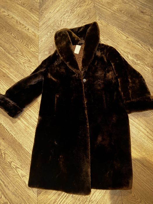 Futro naturalne baranie vintage długi płaszcz retro L XL