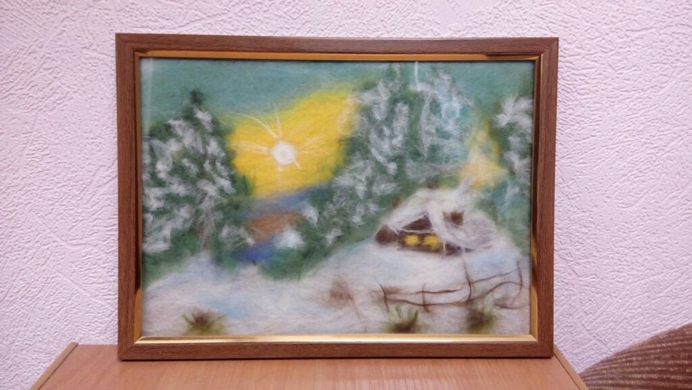 Картина из шерсти. Зимний пейзаж. Подарок на Новый год. Снегири