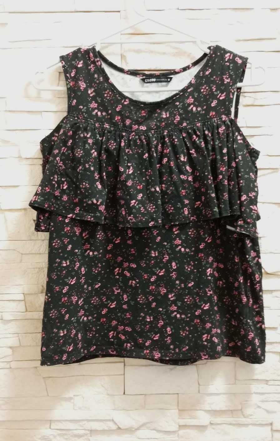 Czarny t-shirt w kwiatki, koszulka z krótkim rękawem, Croop