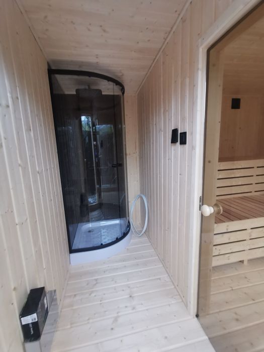 SAUNA ogrodowa PREMIUM 7,5M X 2,5M PIEC WI-FI, prysznic