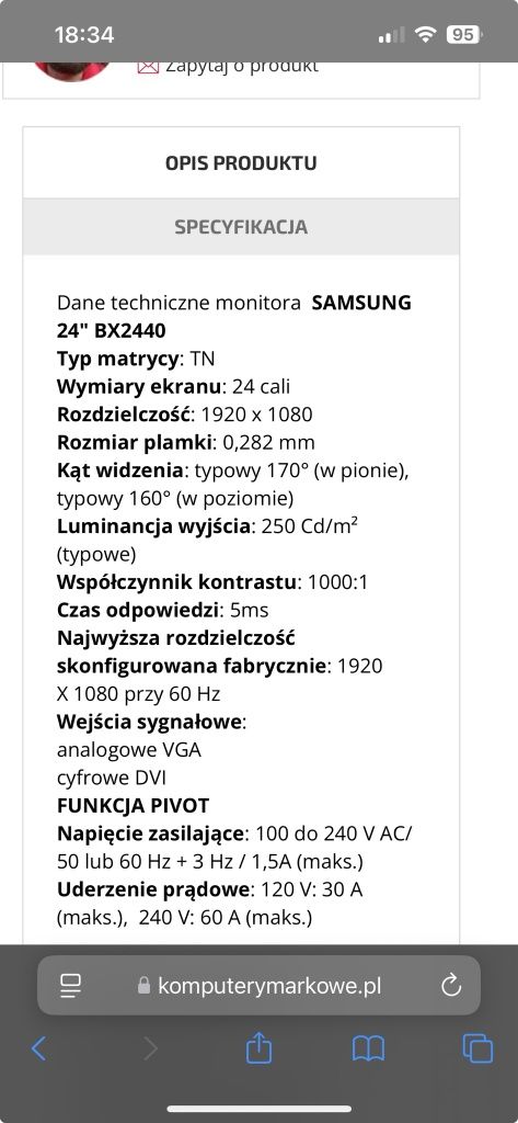 Monitor zakrzywiony Samsung 27 cali uszkodzona matryca