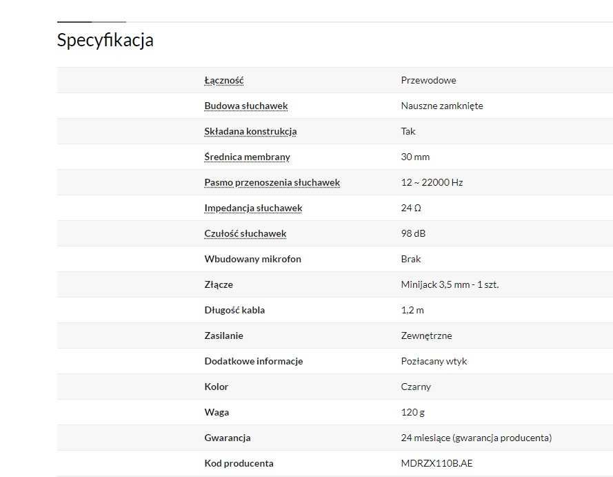 Słuchawki Sony MDR-ZX110 czarne nowy komplet gwarancja