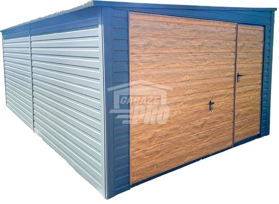 Garaż Blaszany 4x6m Brama Uchylna - Drzwi - Jasny Orzech GP406