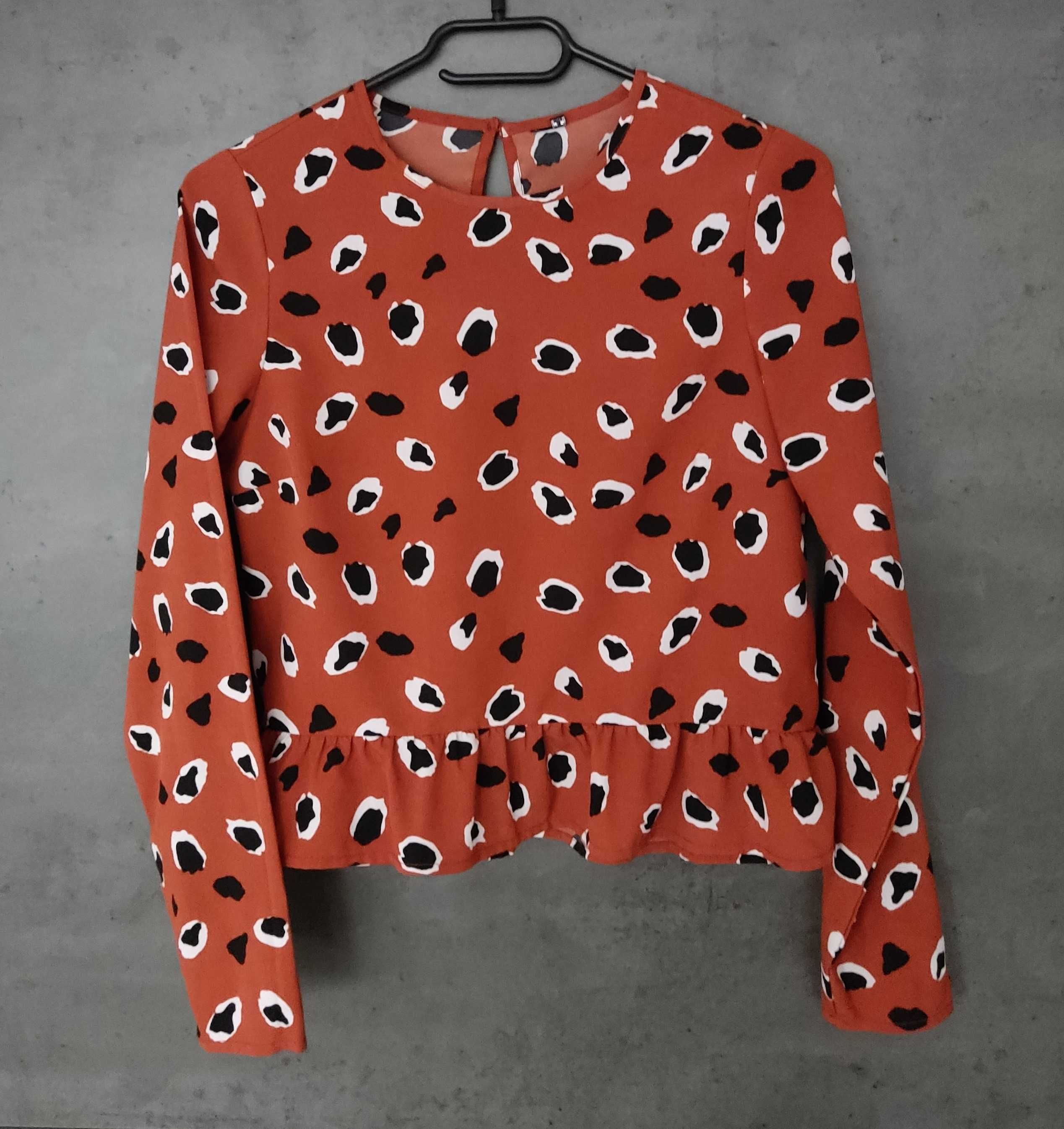 Bluzka elegancka krótka z falbanką wzorzysta ceglana ruda Crop Top