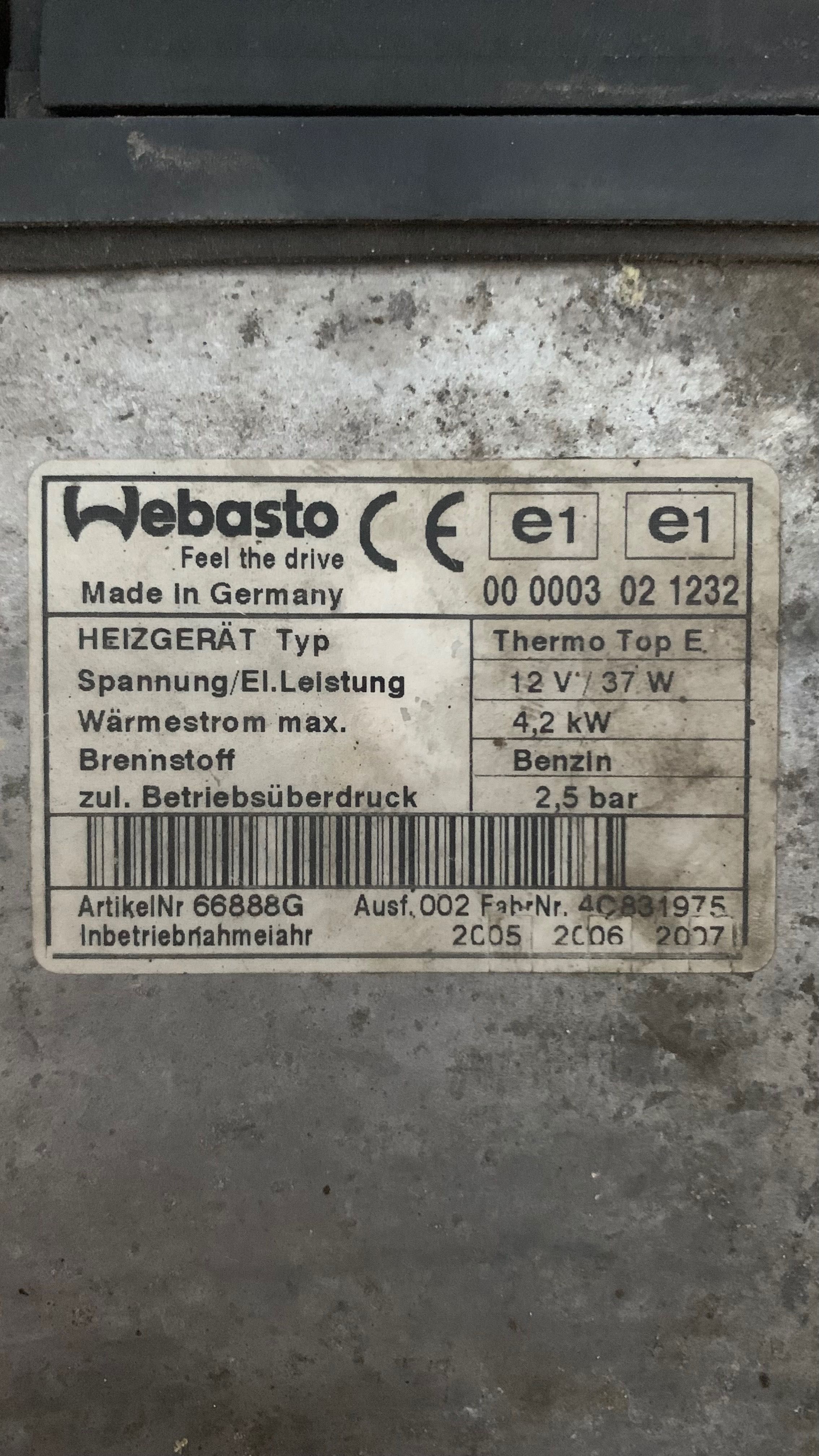 Aquecimento estacionário Webasto Thermo Top E Gasolina