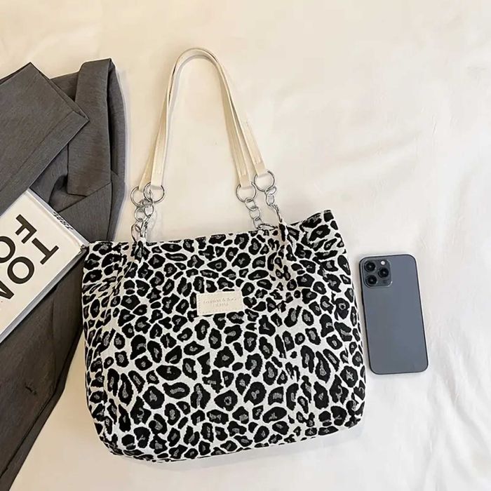 Torebka Sztruksowa na Ramię –Panterka, , Lekka i Pojemna- brazowy