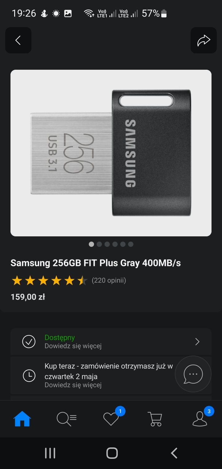 Pendrive Samsung 256GB FIT Plus Gray 400MB/s bardzo szybki