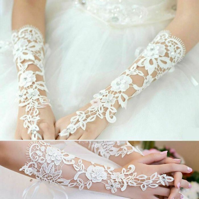 Luvas Sem Dedos Para Noiva Em Renda Forma Flor Branco, Marfim