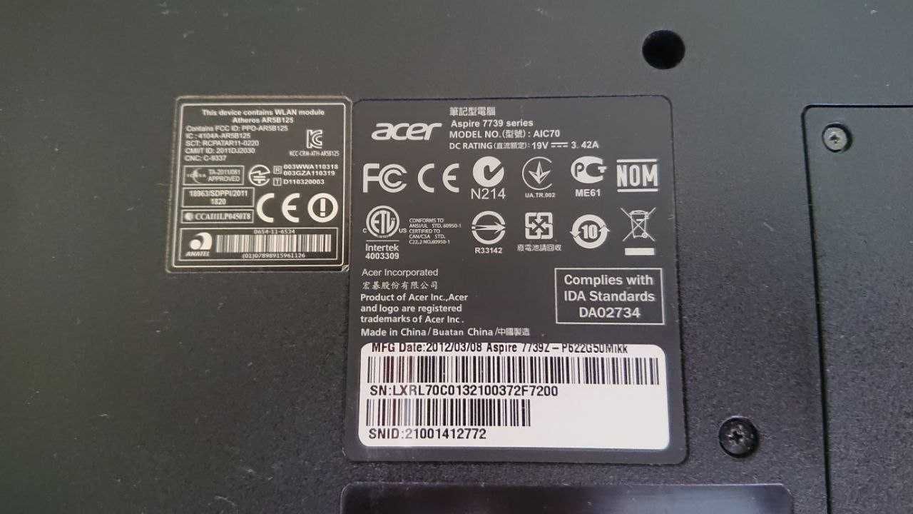 Ноутбук ACER Aspire 7739Z: 17,3”, Pentium P6200, ОЗУ 8Гб, HDD 500Гб