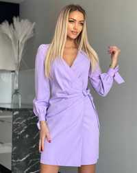 Liliowa sukienka wiązana w pasie fioletowa 36 S
