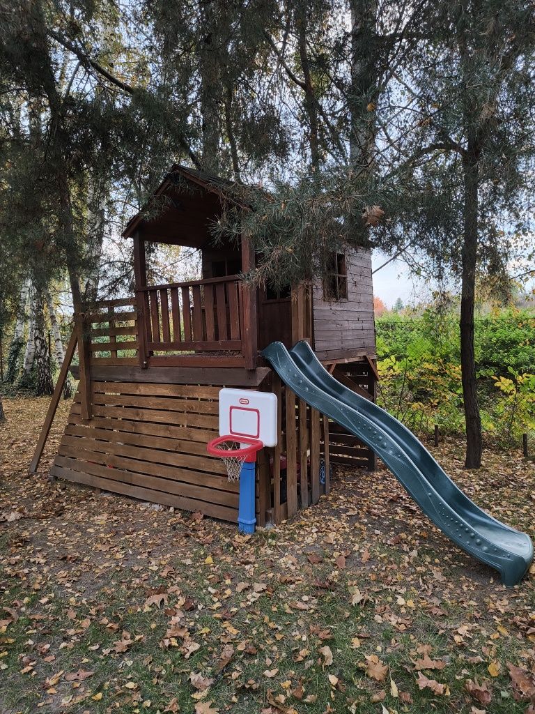 Domek drewniany plac zabaw dla dzieci , duży,   ścianka, zjeżdżalnia