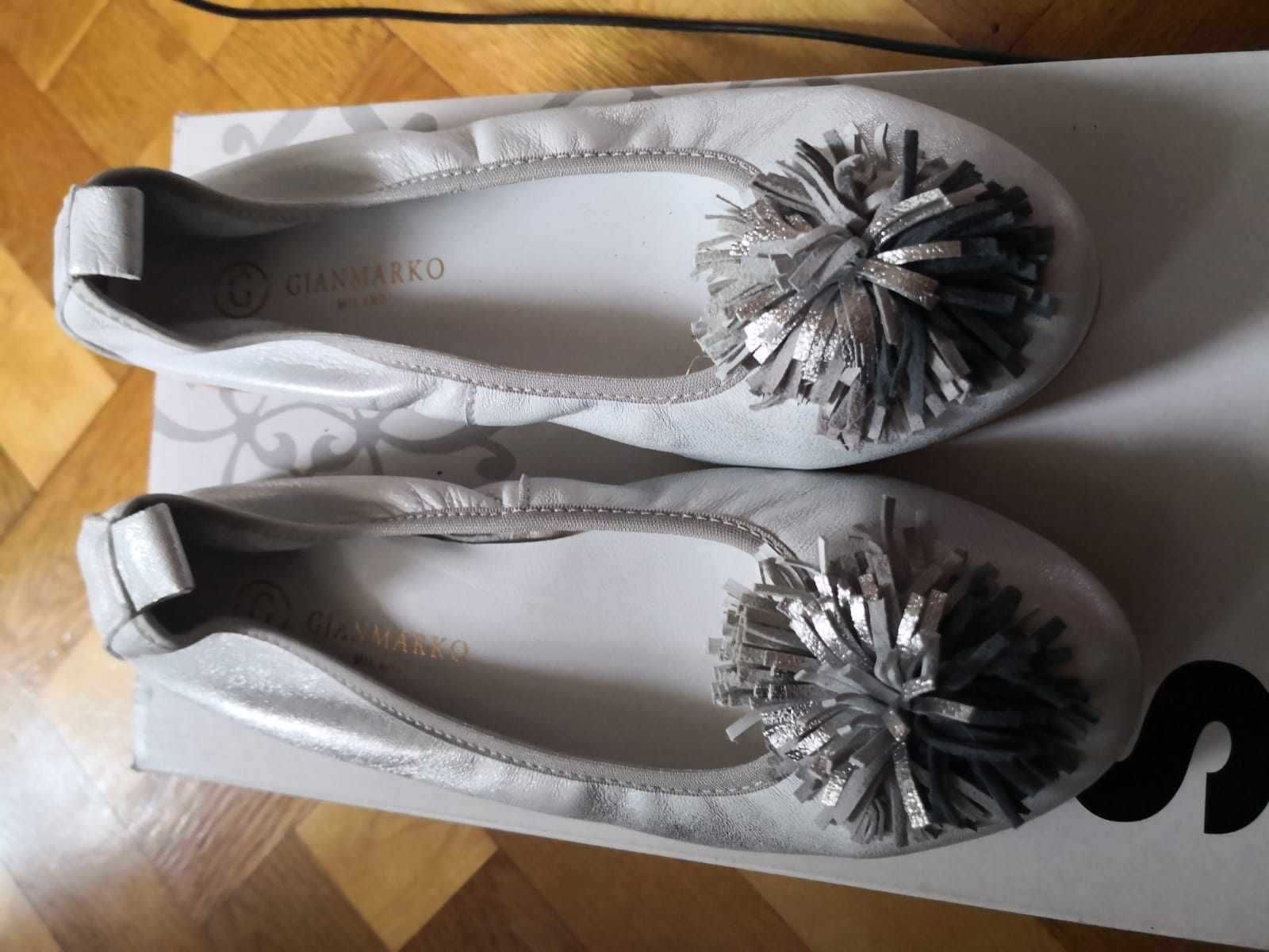 Nowe skórzane baleriny z pomponami Gianmarko r 37 b wygodne wkł 24cm