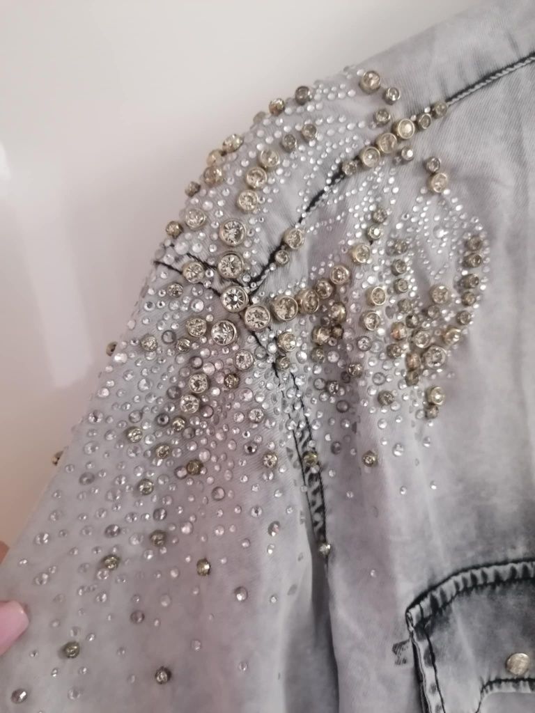 DISHE Dshe koszula jeans szara z kamieniami krysztalami tencel