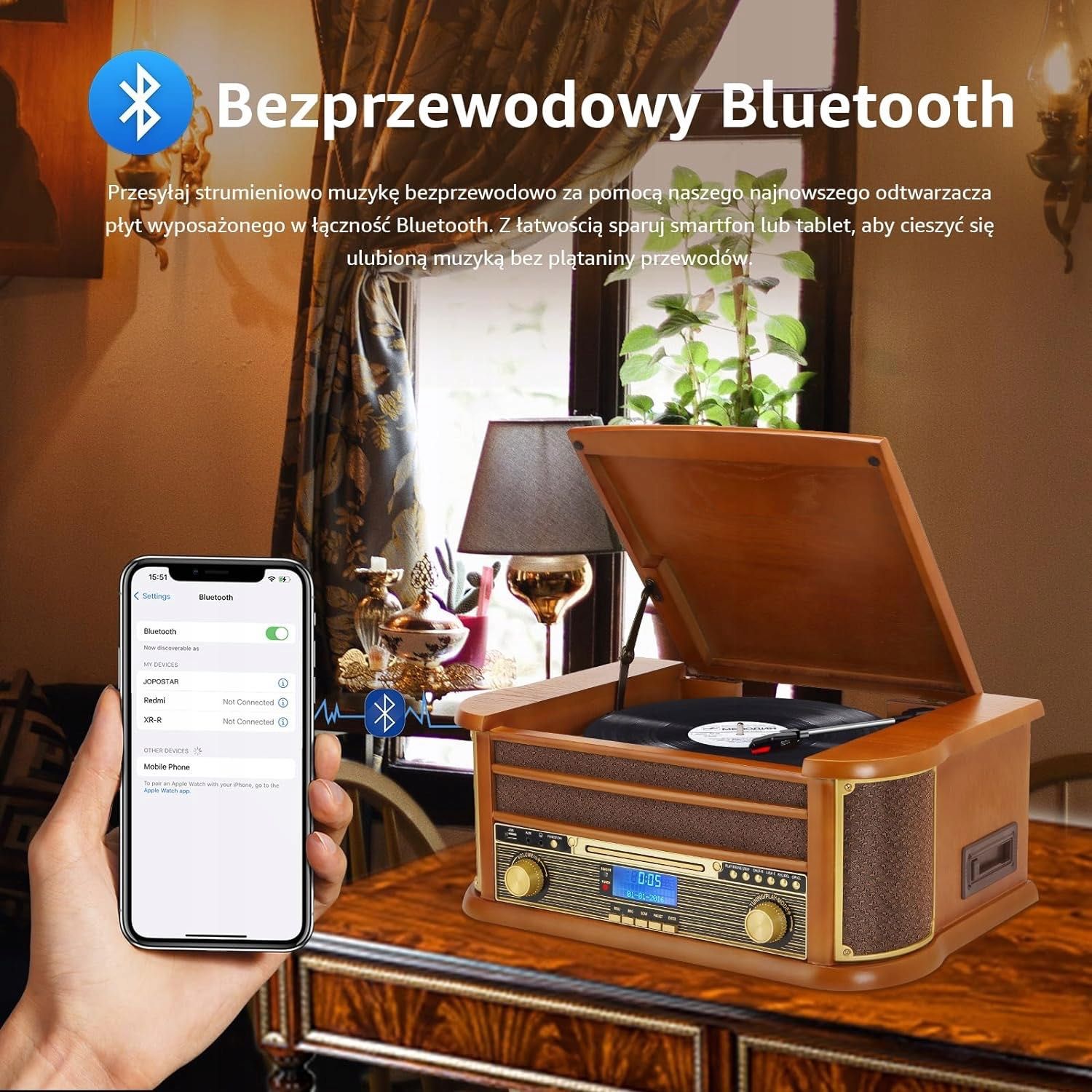 3-biegowy bezprzewodowy gramofon winylowy Bluetooth