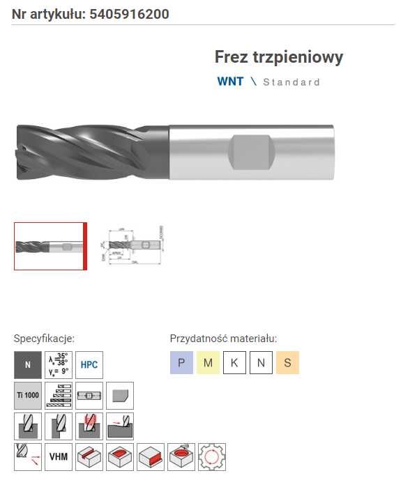 Frez palcowy VHM Węglik FI 16 Z4 Ceratizit WNT powlekane Ti1000