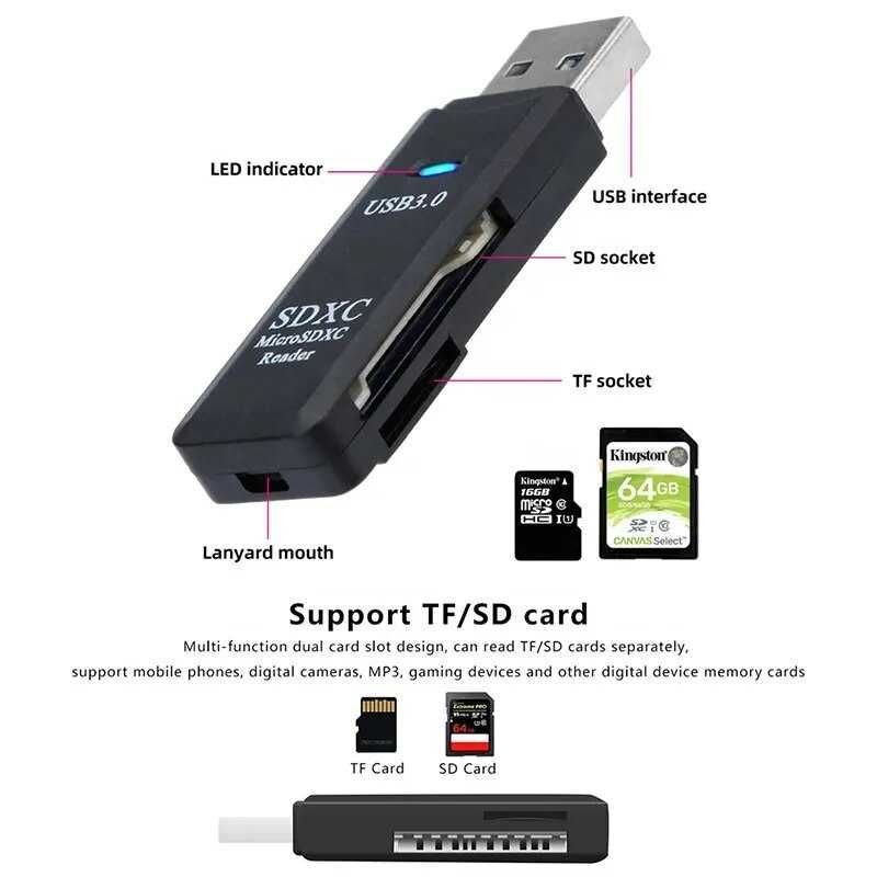 Leitor USB USB 3 de cartões MicroSD uSD e SD adaptador
