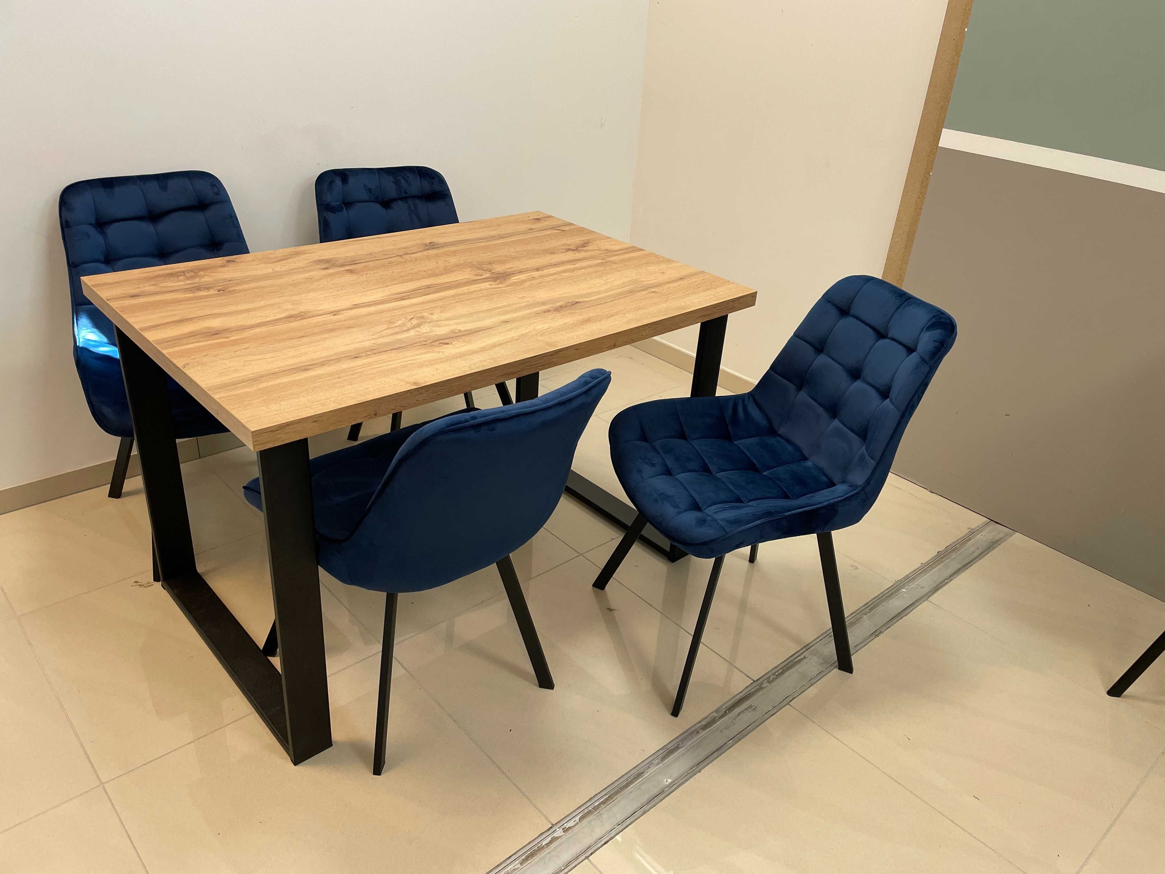 (604) Stół na metalowych nogach + 4 krzesła, nowe 1250 zł