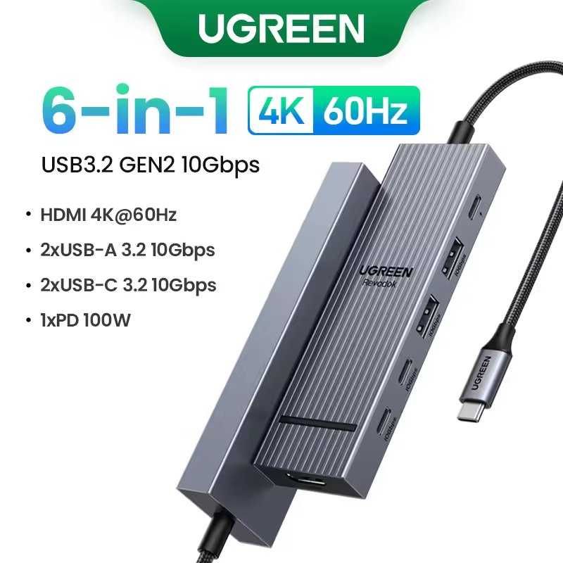 USB Хаб Ugreen Revodok 6в1 CM818 HDMI 4K 60Hz C 3.2 10Gbps 100W PD Hub