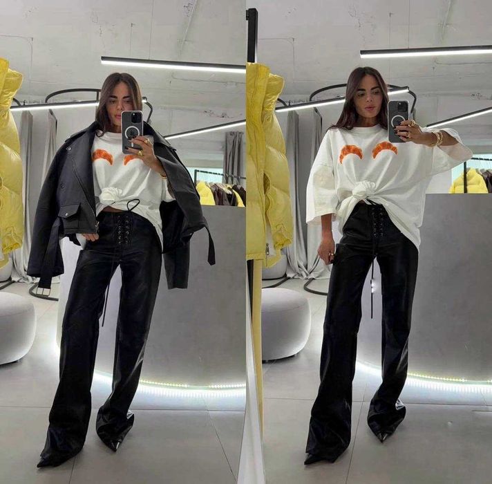 Жіночі штани  палацо з еко шкіри на шнуровці шоколад та чорні