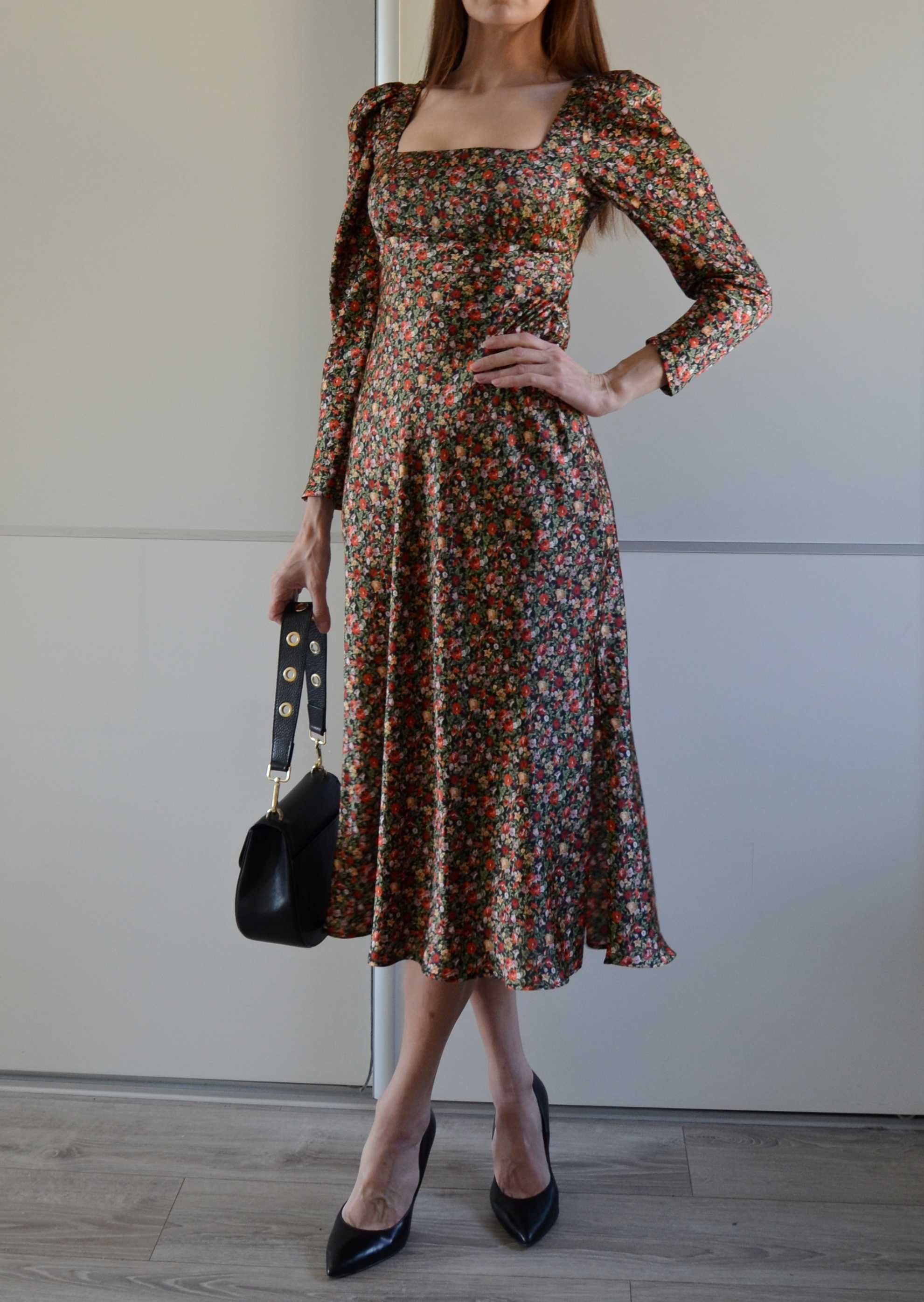 Zara długa satynowa sukienka kwiaty floral reformation rouje 36 S