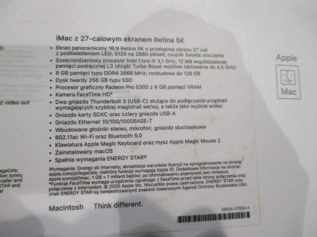 Apple iMac 27" Retina 5K i5 3.10GHz 8/256GB Radeon Pro 5300 Silver