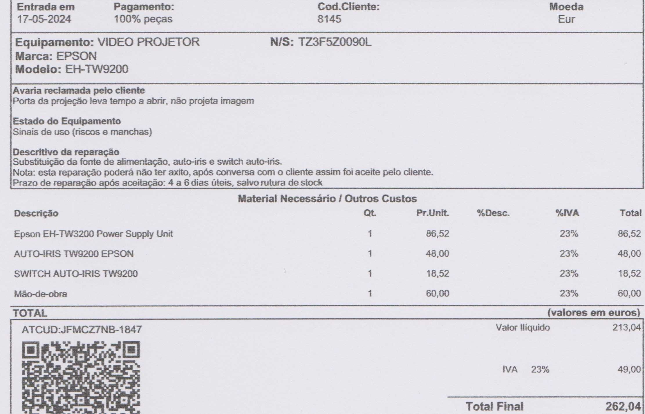 Auto-Iris nova para projetor de cinema Epson - Modelo EH - TW 9200