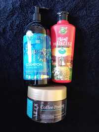 Zestaw 3 szt kosmetyków szampon, wcierka na porost i peeling