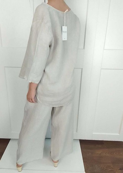 Nowy lniany komplet szerokie spodnie koszula 100% len S M L uniwersaln