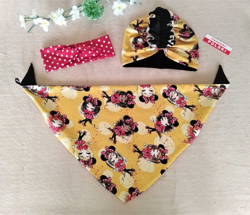 Czapka turban + chusta dla dziewczynki - z Myszką - opaska gratis