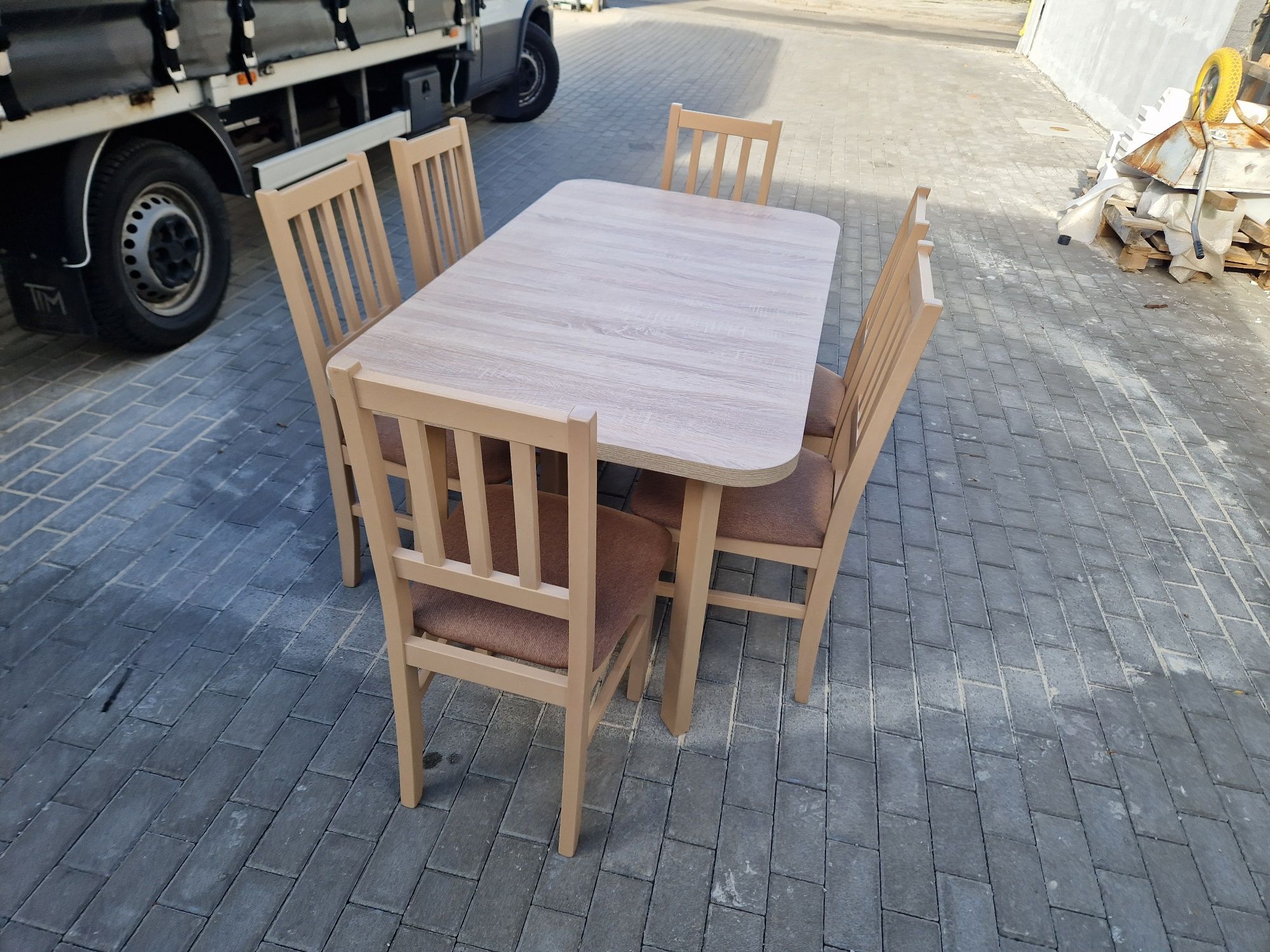 Nowe: Stół 80x140/180 + 6 krzeseł,  sonoma + jasny brąz,  dostawa PL