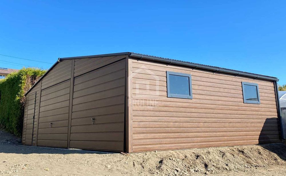 Garaż blaszany 8x6m 2x Brama drzwi 2xokno drewnopodobny dwuspad PLG183