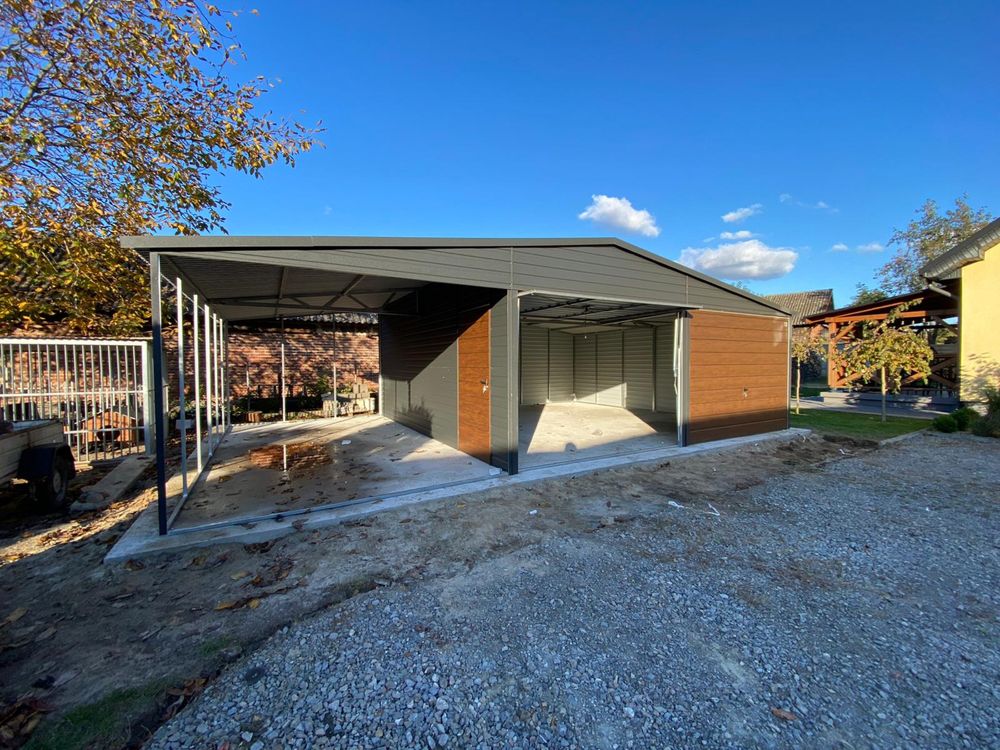 Garaż blaszany 6x6 plus wiata 3x6, antracyt, grafit mat. PRODUCENT