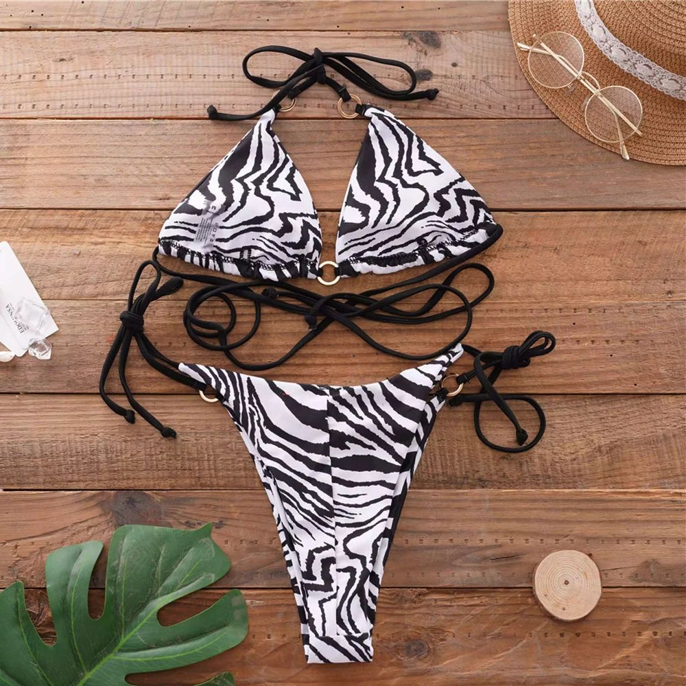 Sexy Dwuczęściowy Strój Kąpielowy BIKINI w Zebrę z Wiązaniami - S