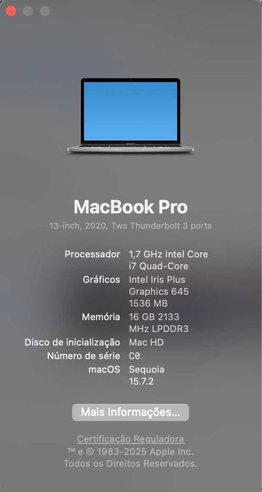 Macbook Pro intel i7 1,7Ghz - 16Gb RAM - 512Gb SSD HD - model A2251