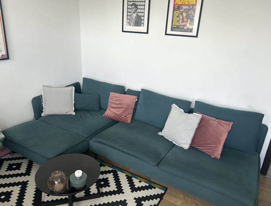 sofa 4 osobowa z szezlongiem, po renowacji tapicerskiej