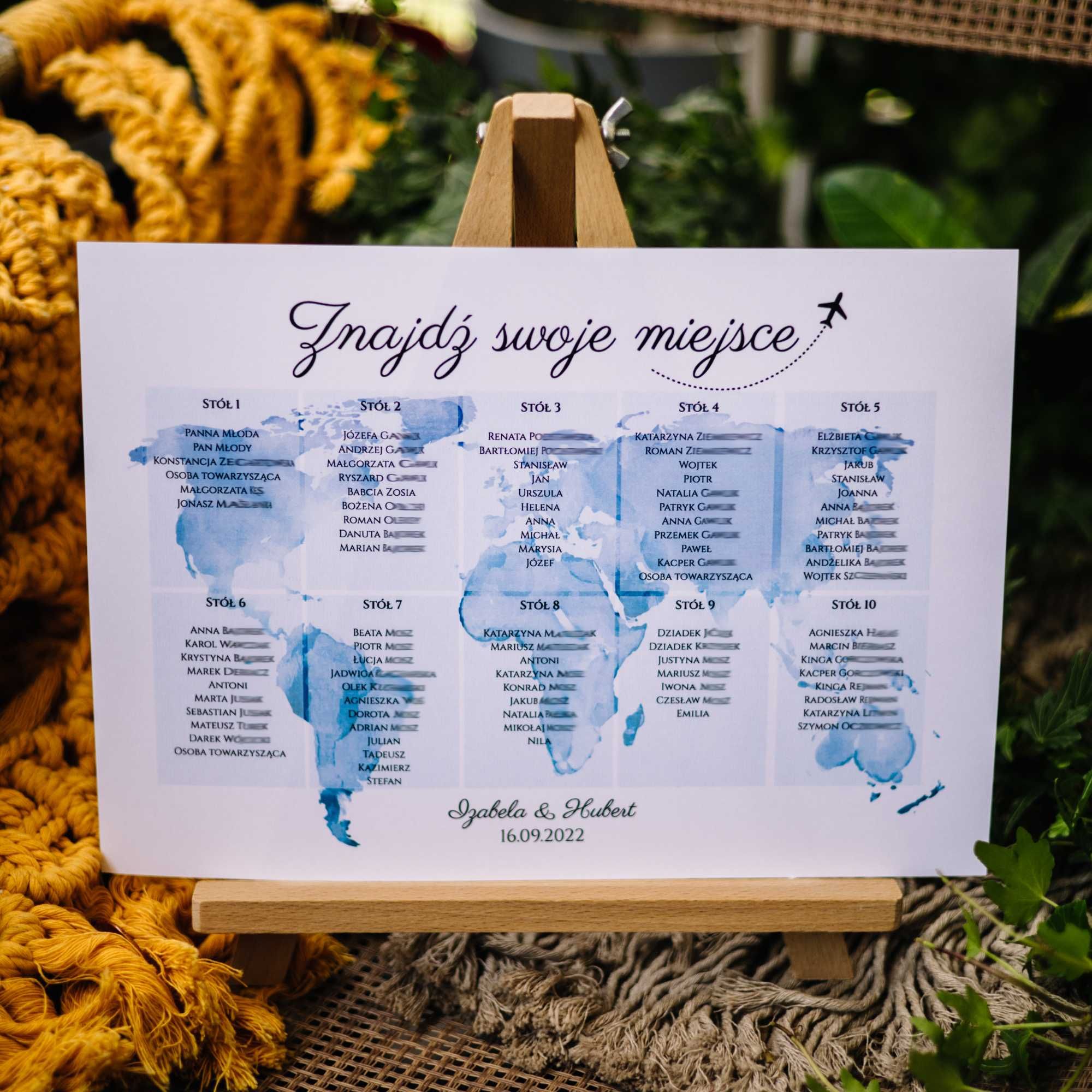 Plan gości weselnych plakat - błękitna mapa świata