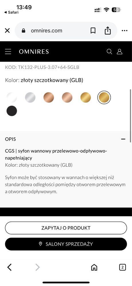 Syfon wannowy przelewowo-odpływowo-napełniający omnires zloto szczot