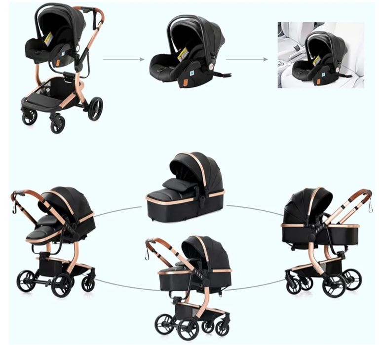 Czarno złoty wózek dziecięcy 3 w 1 design gondola spacerówka fotelik