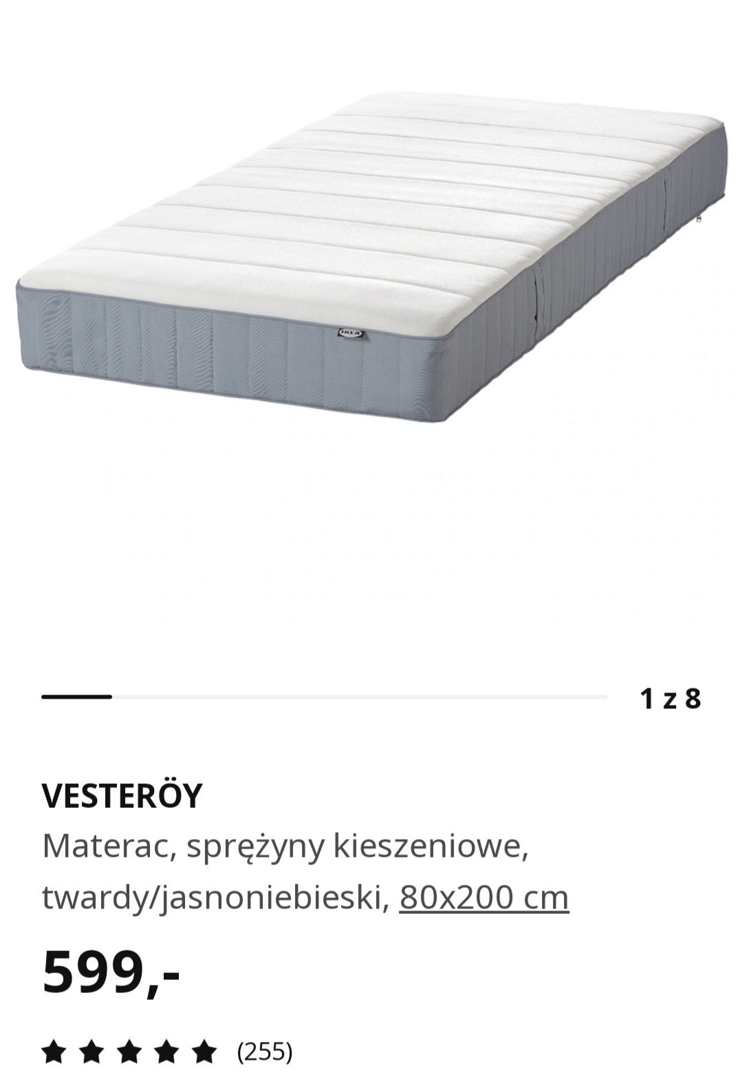 Nowy Materac sprężynowy VESTEROY z IKEA 1/2 ceny, 80 cm