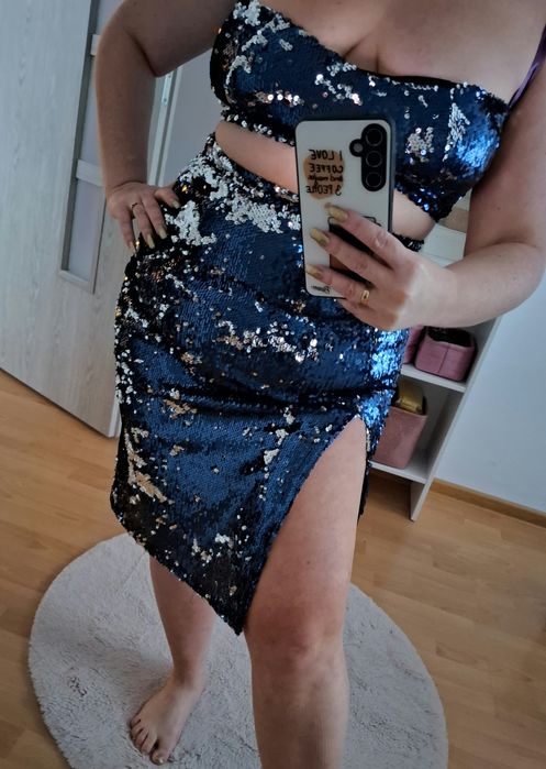 Komplet nowy elegancki cekiny top i spódnic M La