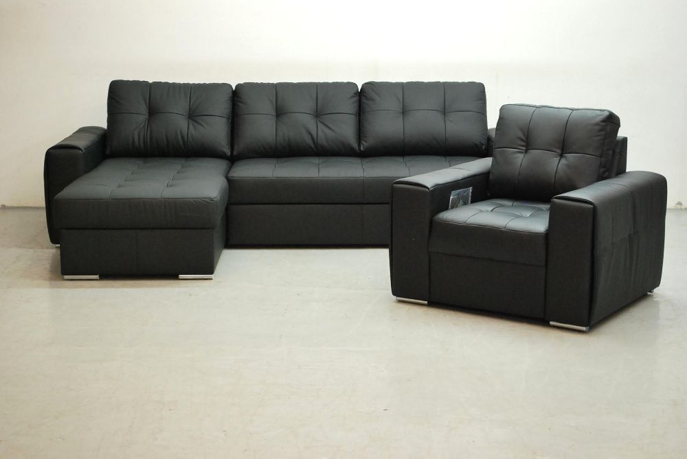 SKÓRA NATURALNA NAROŻNIK spanie pojemni + fotel czarny 6605, salon sof