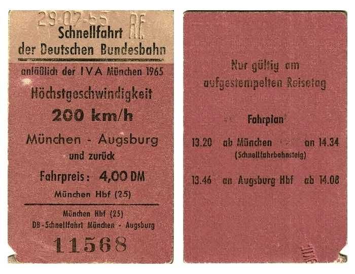 stary bilet kolejowy Monachium – Augsburg 1965 DB Class 103 200 km/h