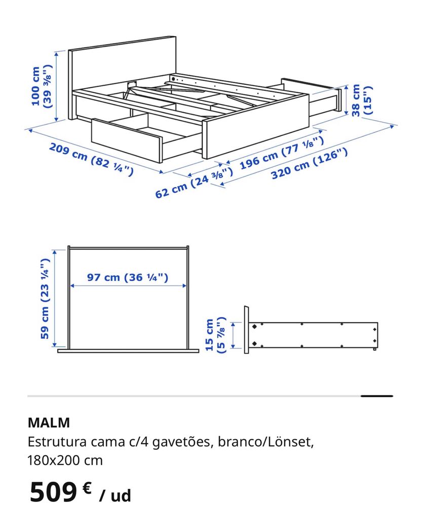 Cama Malm c/4 gavetas e cabeceira + colchão