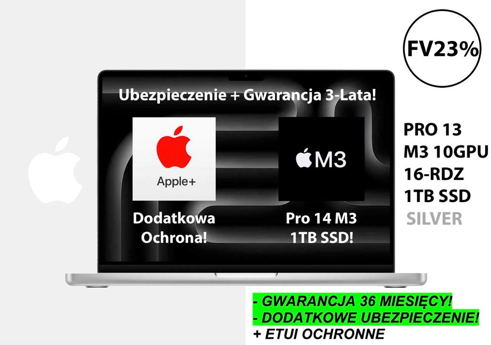 NOWY Apple MacBook Pro 14 M3 16RDZ 1TB +DODATKI GW+UBEZP 3-LATA! FV23%