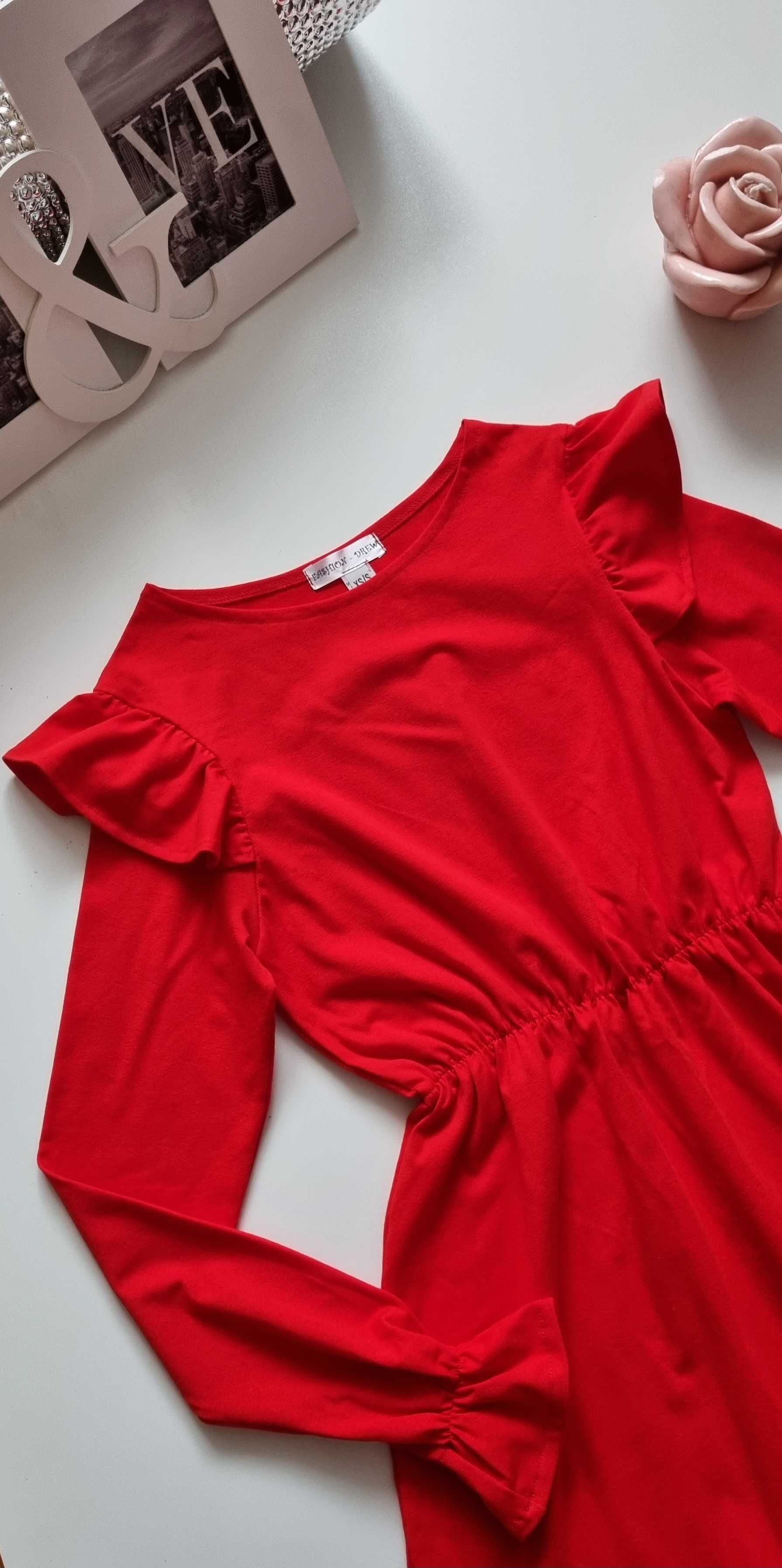 ZWIEWNA Sukienka Czerwona z FALBANKAMI na Ramionach na GUMCE XS/S